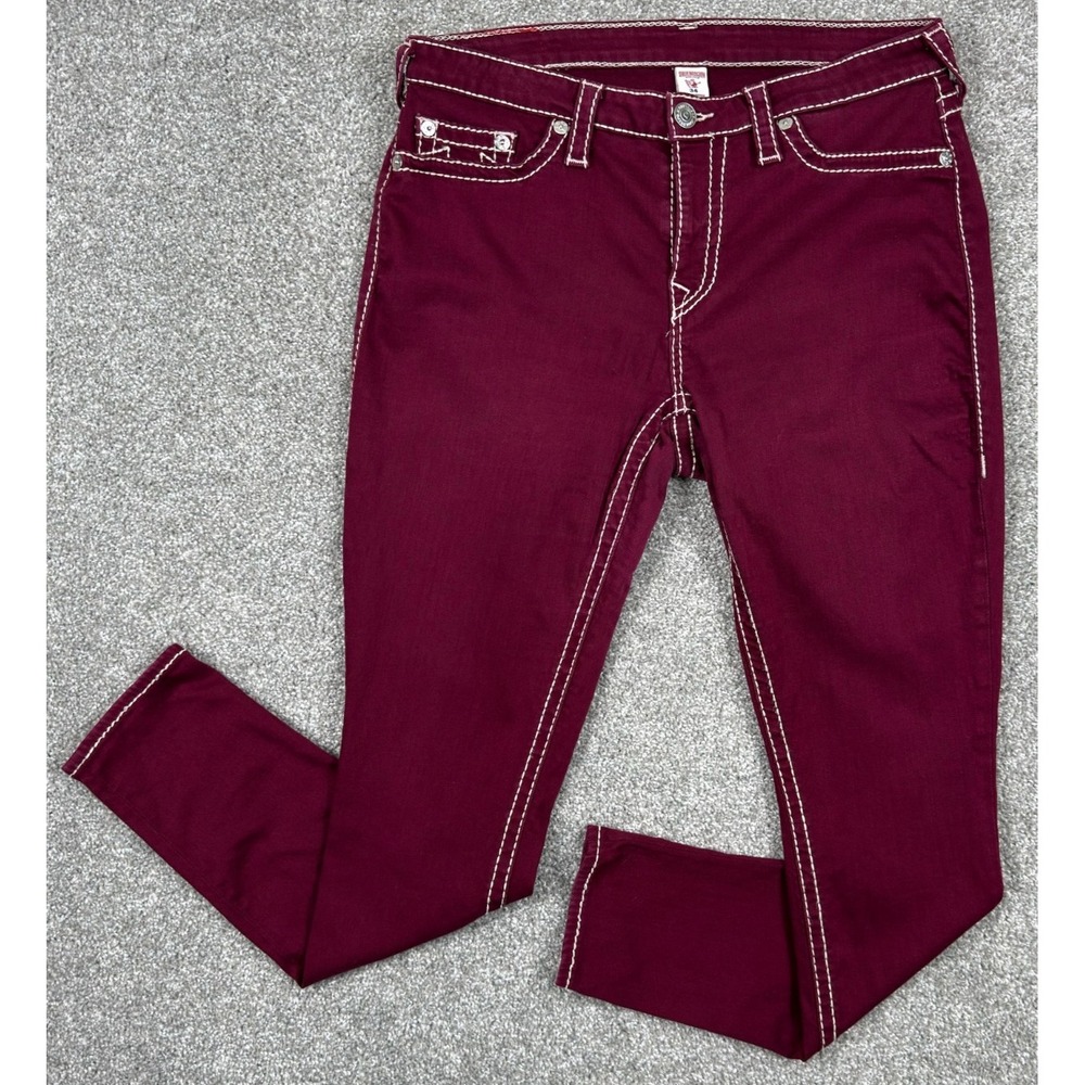 True Religion Curvy Skinny Jeans Womens 34 Burgundy World Tour Contrast Stitch